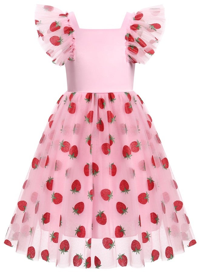ODOLDI Floral Embroidered Dress for Girls Ruffle Sleeve Formal Birthday Wedding Pageant Party Tulle Dresses Pink Strawberry 5-6 Years - Image 1