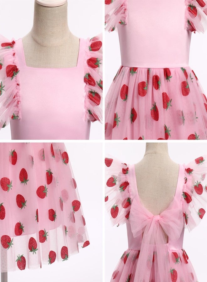 ODOLDI Floral Embroidered Dress for Girls Ruffle Sleeve Formal Birthday Wedding Pageant Party Tulle Dresses Pink Strawberry 5-6 Years - Image 5
