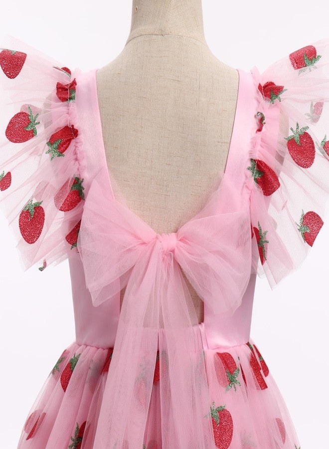 ODOLDI Floral Embroidered Dress for Girls Ruffle Sleeve Formal Birthday Wedding Pageant Party Tulle Dresses Pink Strawberry 5-6 Years - Image 4