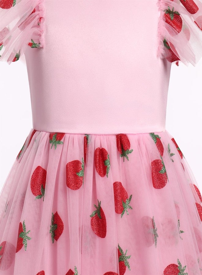 ODOLDI Floral Embroidered Dress for Girls Ruffle Sleeve Formal Birthday Wedding Pageant Party Tulle Dresses Pink Strawberry 5-6 Years - Image 2