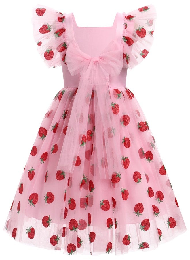 ODOLDI Floral Embroidered Dress for Girls Ruffle Sleeve Formal Birthday Wedding Pageant Party Tulle Dresses Pink Strawberry 5-6 Years - Image 3