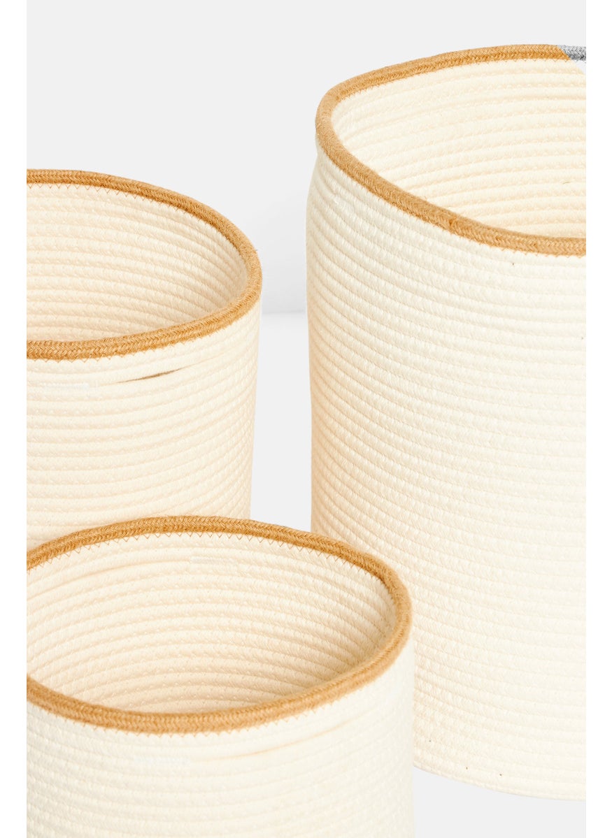 Muy Mucho 3 Pcs Cotton Basket With Handle Set, Off White  - Image 3