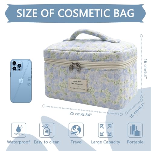 Gosect 1pc Large Makeup Bag, Cute Cosmetic Bag for Women Girls, Floral Coquette Aesthetic Toiletry Bag, Travel Make Up Organizer Bag (Green Leaves Blue Flowers) - Image 2