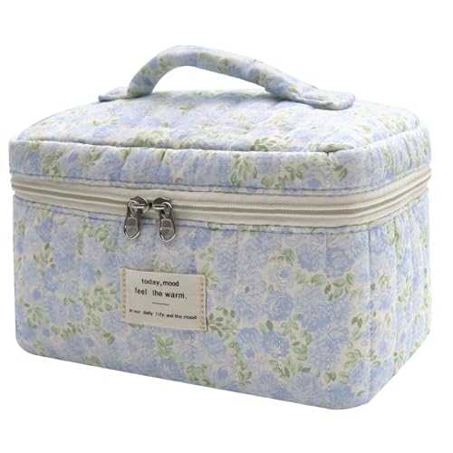 Gosect 1pc Large Makeup Bag, Cute Cosmetic Bag for Women Girls, Floral Coquette Aesthetic Toiletry Bag, Travel Make Up Organizer Bag (Green Leaves Blue Flowers) - Image 1