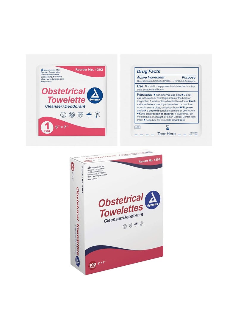 Dynarex Dynarex 1302 Obstetrical Towelette, Benzalkonium Chloride Wipes with 5% Alcohol, Pre-Moistened, Scented & Individually Wrapped Sanitizing Wipe, 5" x 7", Pack of 100 
