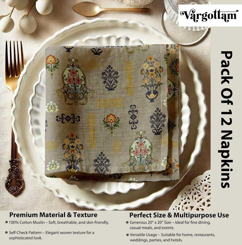 Vargottam Elegant Floral Motif Print on Green Cotton Muslin Napkins - Set of 12, 20x20 Inches, Luxurious Self-Check Texture, Perfect for Upscale Dining, Weddings, and Events - Machine Washable - Image 4