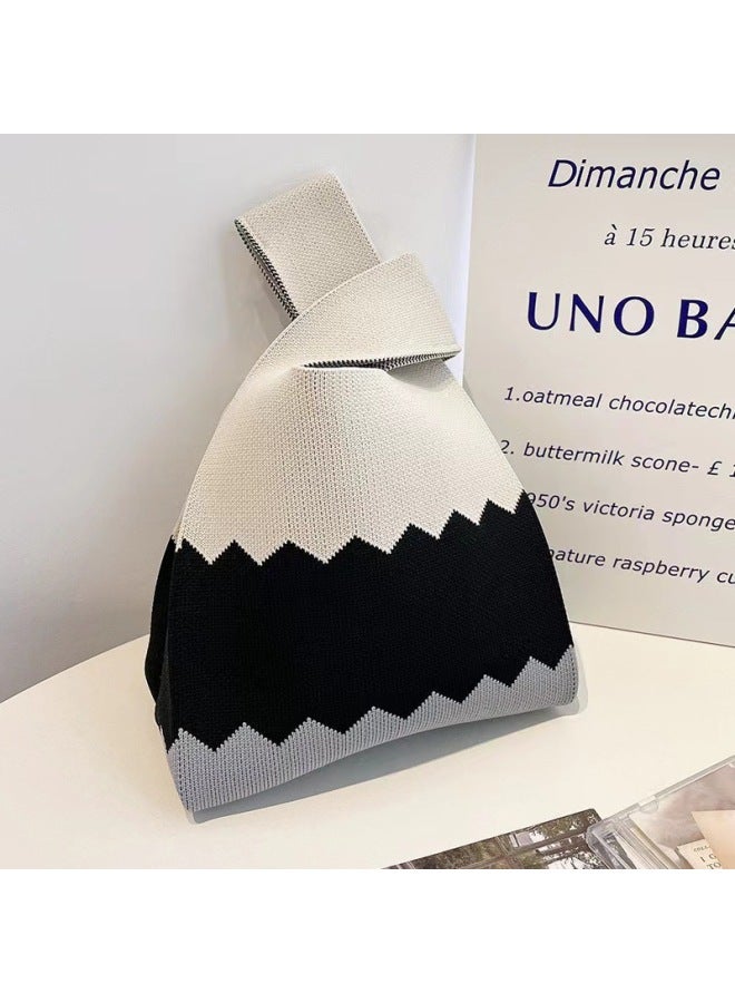 Ins Internet Celebrity Handbag Women's Knitted Wool Bucket Bag Japanese And Korean Style All-Match Hand Casual Tote Bag Lunch Box Bag-Color:Water Ripples On Gray Background-Dimensions:20*35 - Image 1