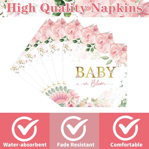 Yoyuspy Baby in Bloom Napkins Baby Shower Decorations, 50PCS Pink Floral Baby Shower Napkins, Disposable Flower Paper Napkins Set Supplies Size 6.5 Inch - Image 2