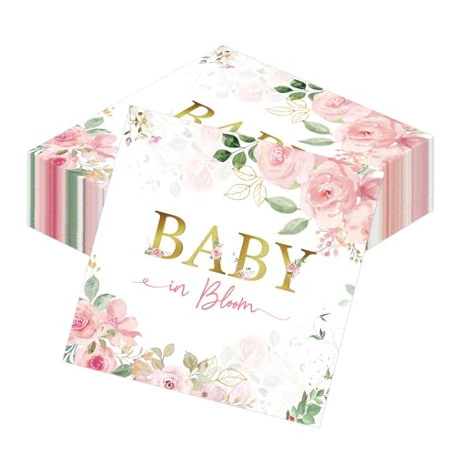 Yoyuspy Baby in Bloom Napkins Baby Shower Decorations, 50PCS Pink Floral Baby Shower Napkins, Disposable Flower Paper Napkins Set Supplies Size 6.5 Inch - Image 1
