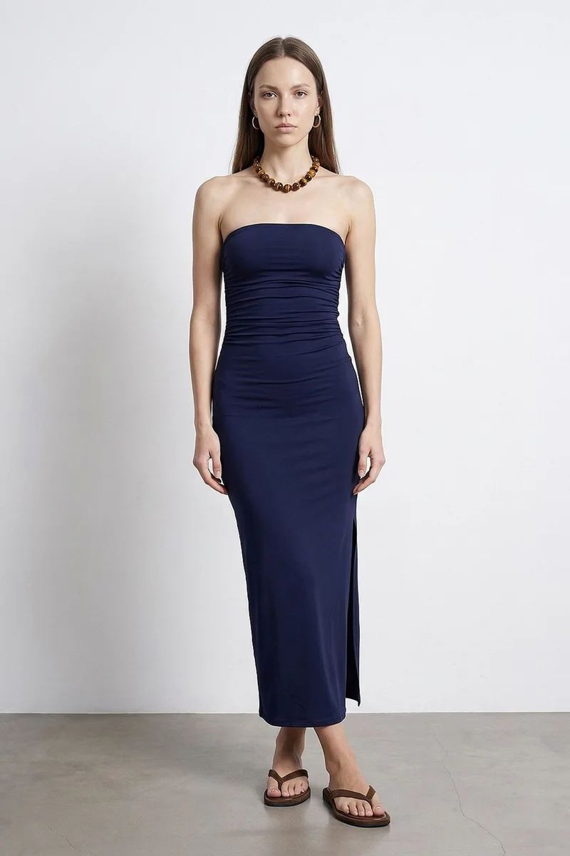 DILVIN Strapless Bodycon Maxi Dress With Slit