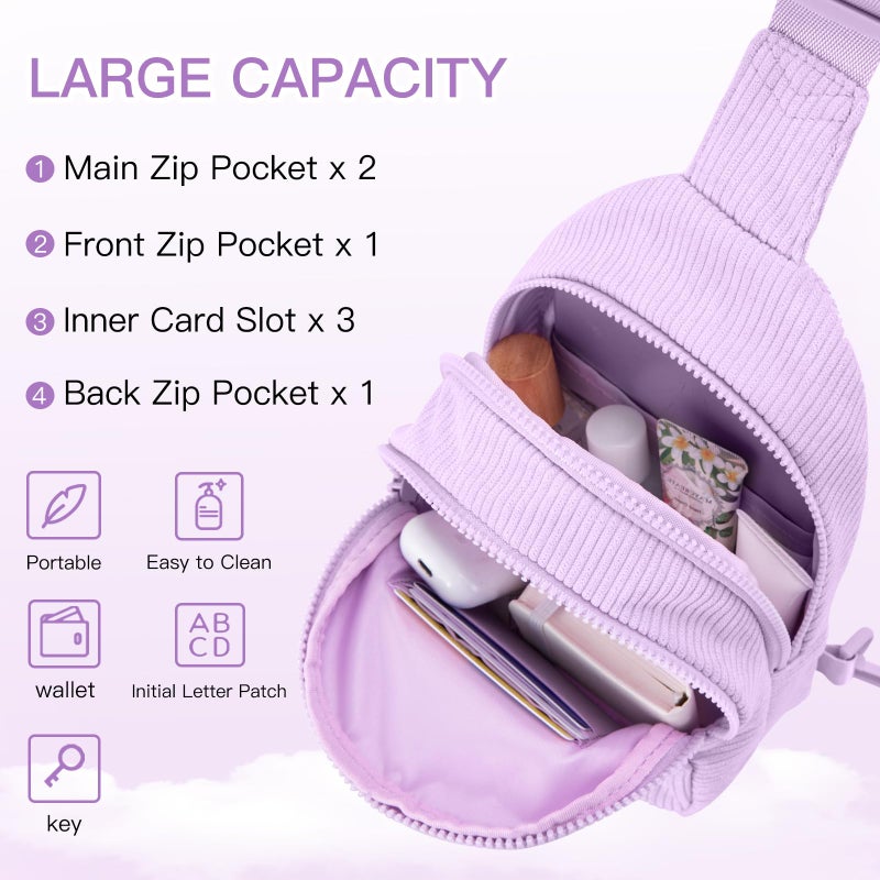 Viverte Small Corduroy Sling Bag Initial Crossbody Bag Fanny Pack for Women Personalized Birthday Gifts for Teen Girls Gifts Trendy Stuff Teen Purse Cute Stuff for Girls (Lavender-A) - Image 3