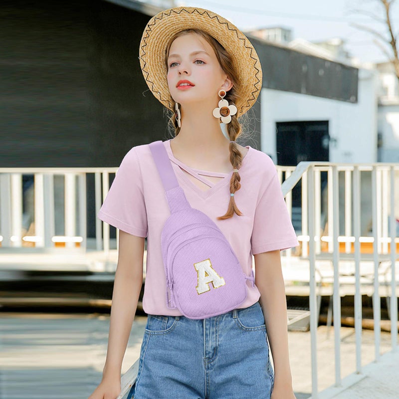 Viverte Small Corduroy Sling Bag Initial Crossbody Bag Fanny Pack for Women Personalized Birthday Gifts for Teen Girls Gifts Trendy Stuff Teen Purse Cute Stuff for Girls (Lavender-A) - Image 2