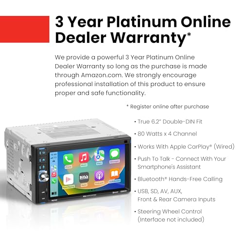 BOSS Audio Systems BCP62 Car Stereo - Apple CarPlay, Double Din, 6.2 Inch Capacitive Touchscreen, Bluetooth, No CD DVD Player, AM/FM Radio Receiver, USB - Image 3
