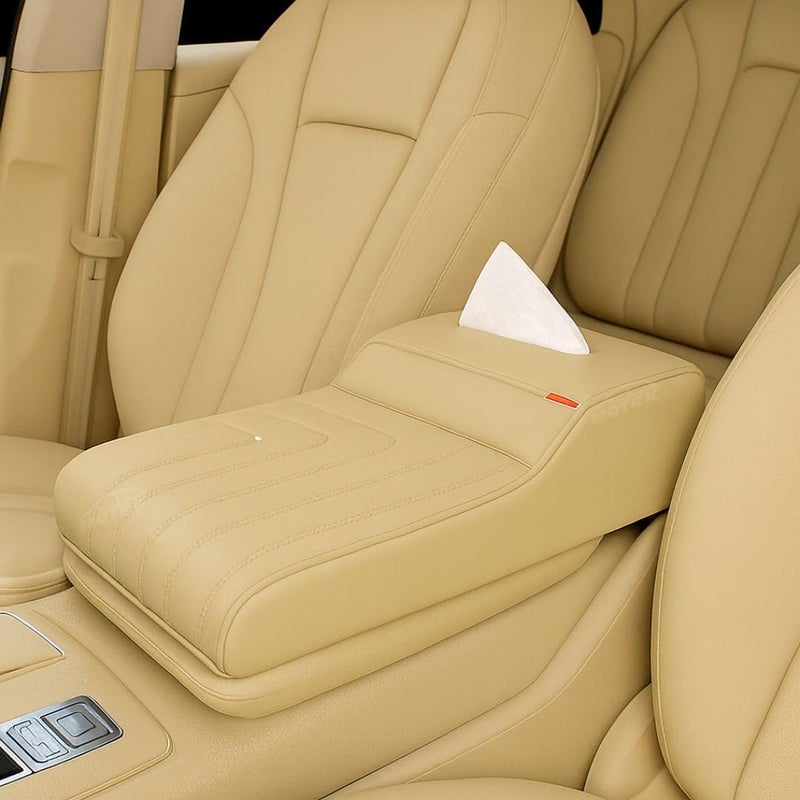 MUTURQ Car Armrest Cushion, Comfortable Car Armrest with Premium Leather Cushion and Tissue Box - Suitable for All Cars, Car Armrest Cushion for Interior Comfort and Luxury (Beige) - Image 1