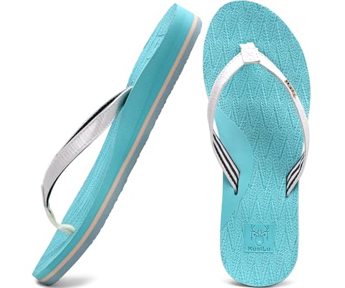 KuaiLu Womens Fashion Flip Flops Ladies Lightweight Summer Beach Yoga Mat Thong Sandals with Comfortable Arch Support Blue White Size 8 - Image 1