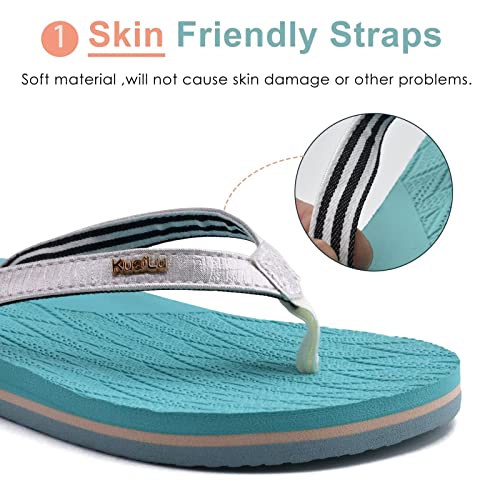 KuaiLu Womens Fashion Flip Flops Ladies Lightweight Summer Beach Yoga Mat Thong Sandals with Comfortable Arch Support Blue White Size 8 - Image 3