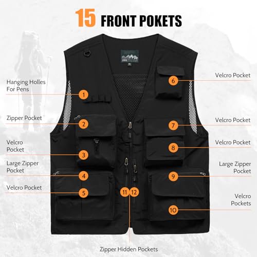 AOTORR Mens Outdoor Safari Cargo Photo Travel Work Fishing Vests for Men Multi-pockets Black L - Image 3