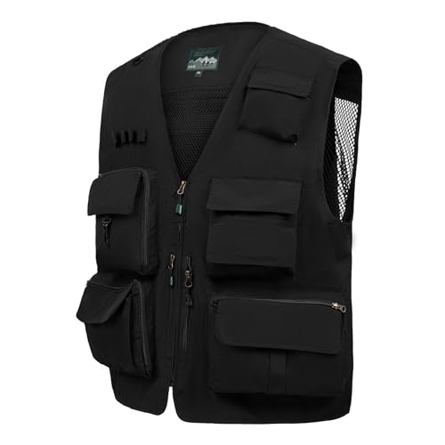 AOTORR Mens Outdoor Safari Cargo Photo Travel Work Fishing Vests for Men Multi-pockets Black L - Image 2