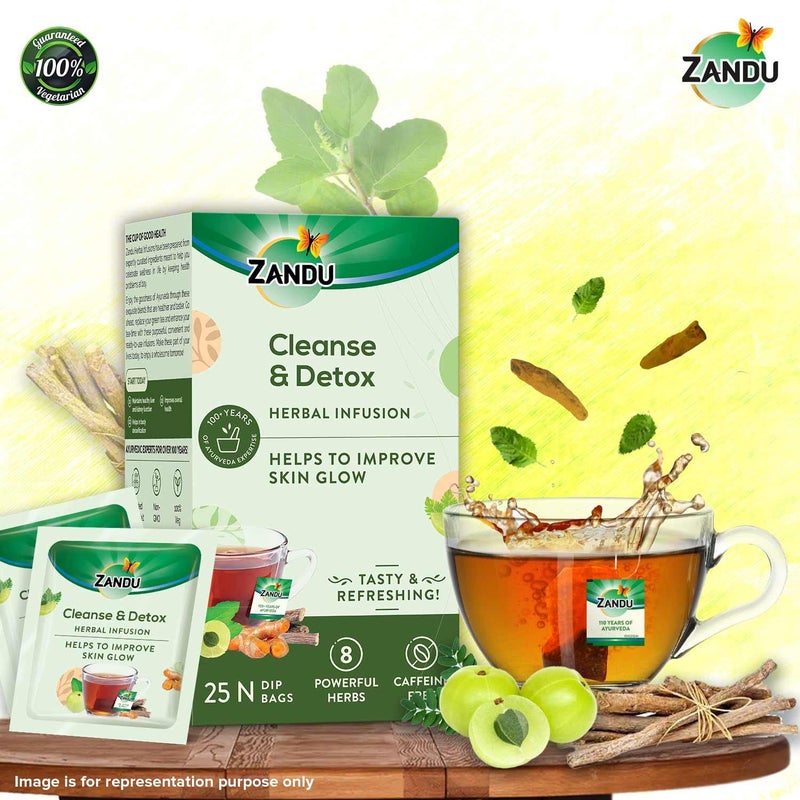 Zandu Cleanse & Detox Herbal Infusion: Use This Tea Bag To Give Your Body The Gift Of Good Health |Helps Improve Skin Glow & Detoxifies The Body (25 Tea Bags), Green Tea, 90 Gram - Image 2