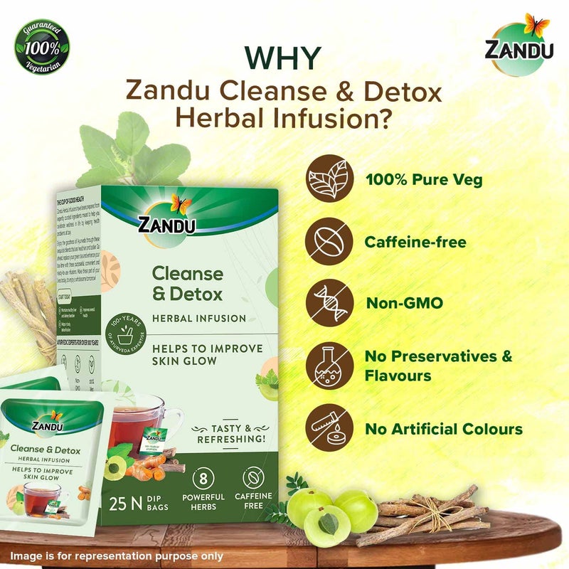 Zandu Cleanse & Detox Herbal Infusion: Use This Tea Bag To Give Your Body The Gift Of Good Health |Helps Improve Skin Glow & Detoxifies The Body (25 Tea Bags), Green Tea, 90 Gram - Image 4