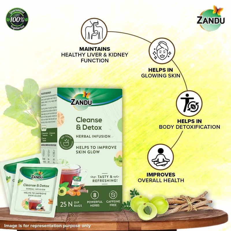 Zandu Cleanse & Detox Herbal Infusion: Use This Tea Bag To Give Your Body The Gift Of Good Health |Helps Improve Skin Glow & Detoxifies The Body (25 Tea Bags), Green Tea, 90 Gram - Image 3