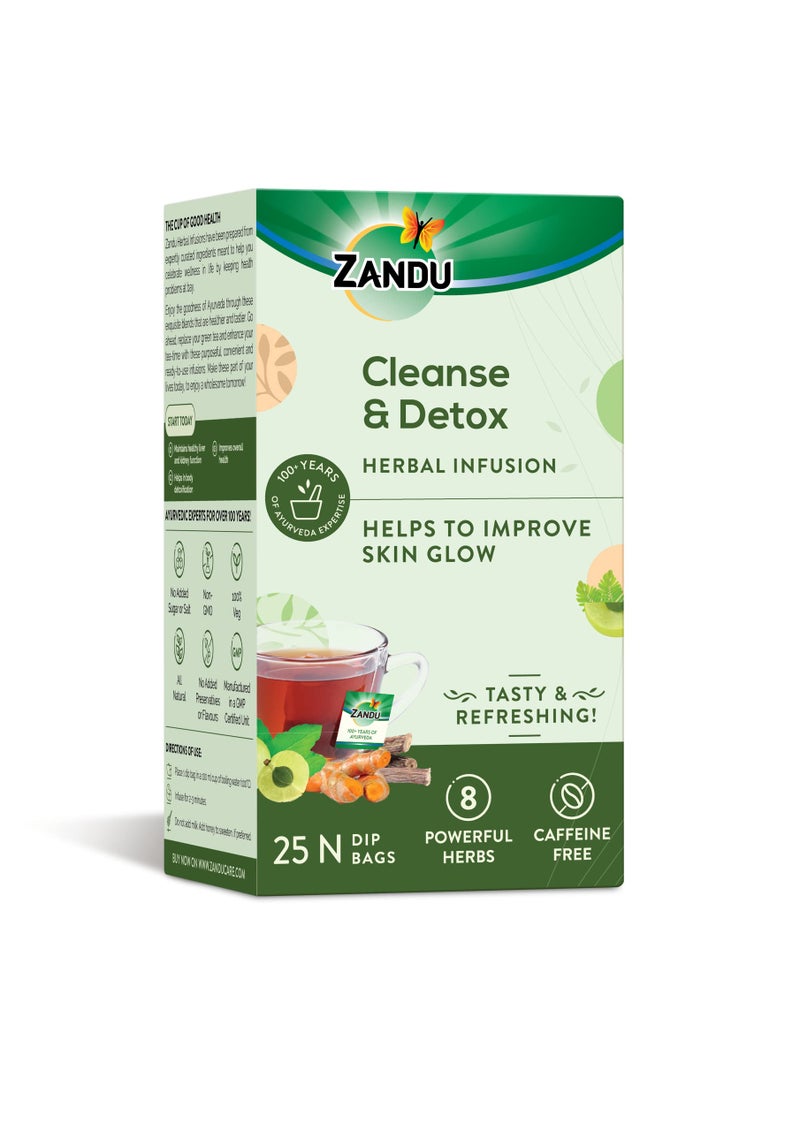 Zandu Cleanse & Detox Herbal Infusion: Use This Tea Bag To Give Your Body The Gift Of Good Health |Helps Improve Skin Glow & Detoxifies The Body (25 Tea Bags), Green Tea, 90 Gram - Image 1