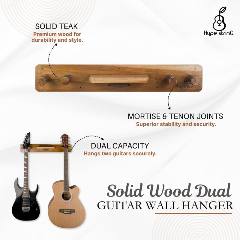 Hype String Solid Wood Guitar Wall Stand for Two Guitar || Solid Wood Guitar Hanger with Shelf and Pick Holder - Image 2