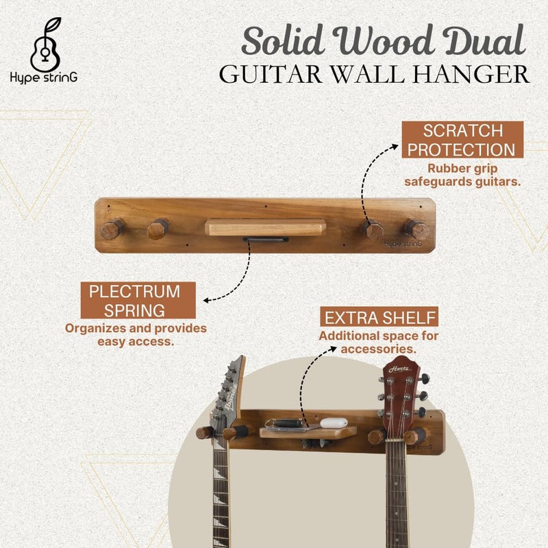 Hype String Solid Wood Guitar Wall Stand for Two Guitar || Solid Wood Guitar Hanger with Shelf and Pick Holder - Image 3