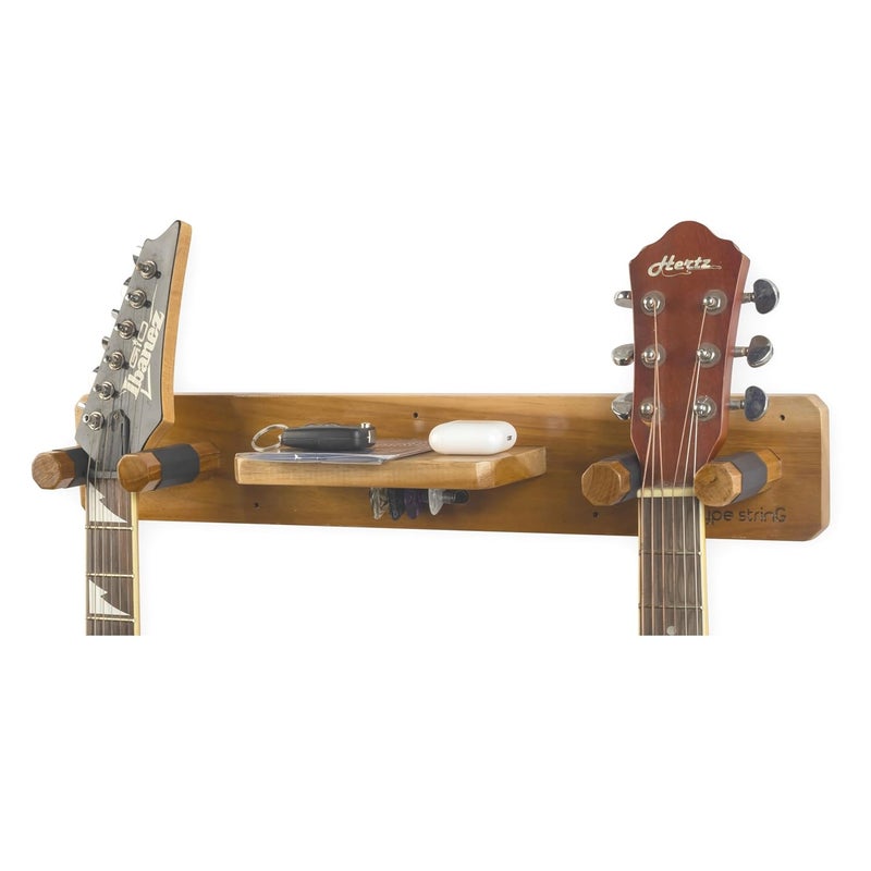 Hype String Solid Wood Guitar Wall Stand for Two Guitar || Solid Wood Guitar Hanger with Shelf and Pick Holder - Image 1