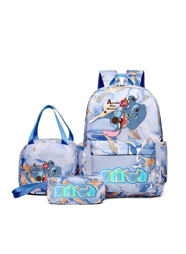 STITCH Stitch Golden Quicksand Texture Schoolbag Waterproof Primary and Secondary School Student Backpack Youth Travel Backpack 31*43*15CM + Lunch Bag 27*20*20CM + Pencil Case Three-piece Set