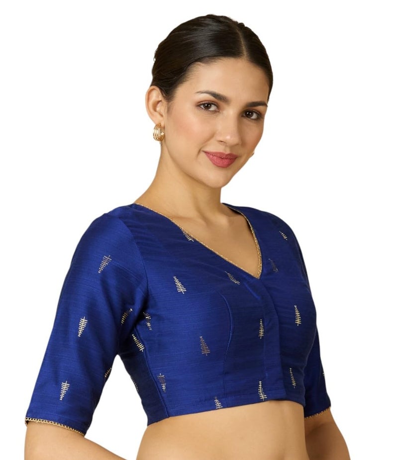 Studio Shringaar Women's Handloom Cotton Silk Readymade Saree Blouse (Royal Blue, 46) - Image 4