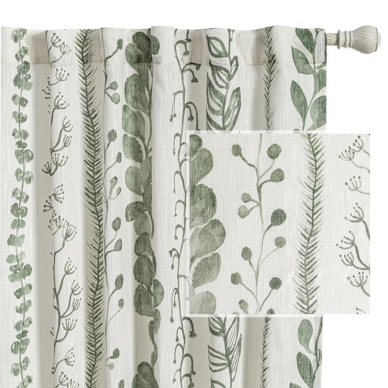 MEETSKY Sage Green Curtains 84 Inches Long 2 Panels Boho Curtains for Living Room Light Filtering Patterned Drapes for Bedroom Linen Style Back Tab Leaf Print Window Treatment, 50” Wide Each Panel - Image 1