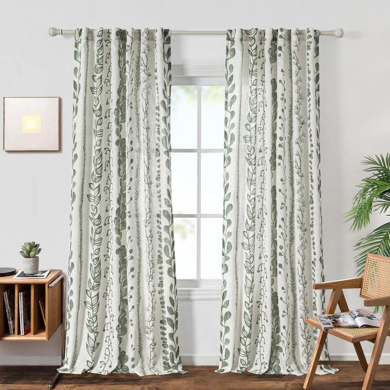 MEETSKY Sage Green Curtains 84 Inches Long 2 Panels Boho Curtains for Living Room Light Filtering Patterned Drapes for Bedroom Linen Style Back Tab Leaf Print Window Treatment, 50” Wide Each Panel - Image 2