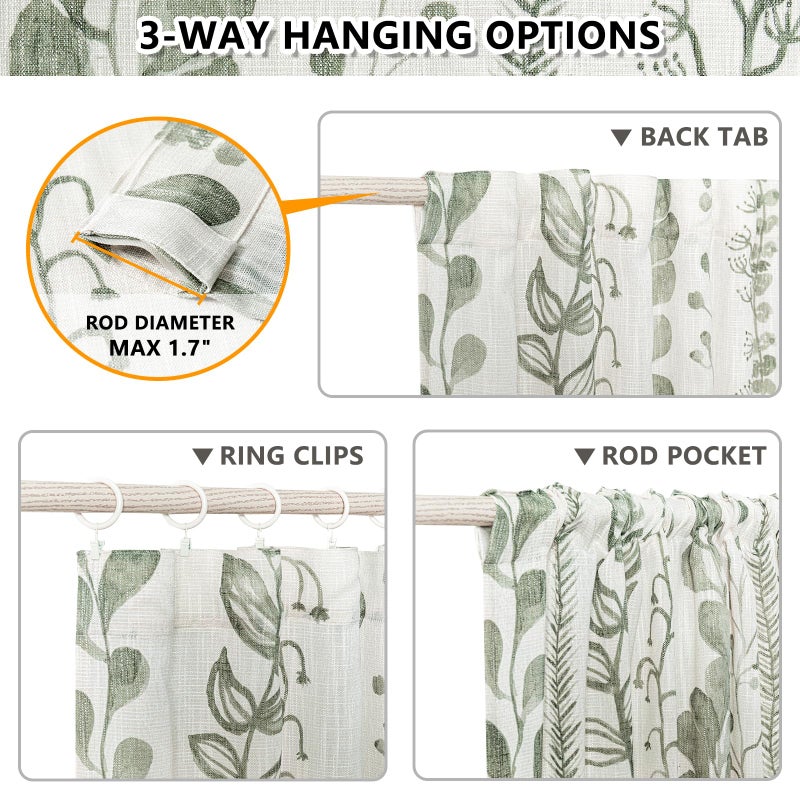MEETSKY Sage Green Curtains 84 Inches Long 2 Panels Boho Curtains for Living Room Light Filtering Patterned Drapes for Bedroom Linen Style Back Tab Leaf Print Window Treatment, 50” Wide Each Panel - Image 3