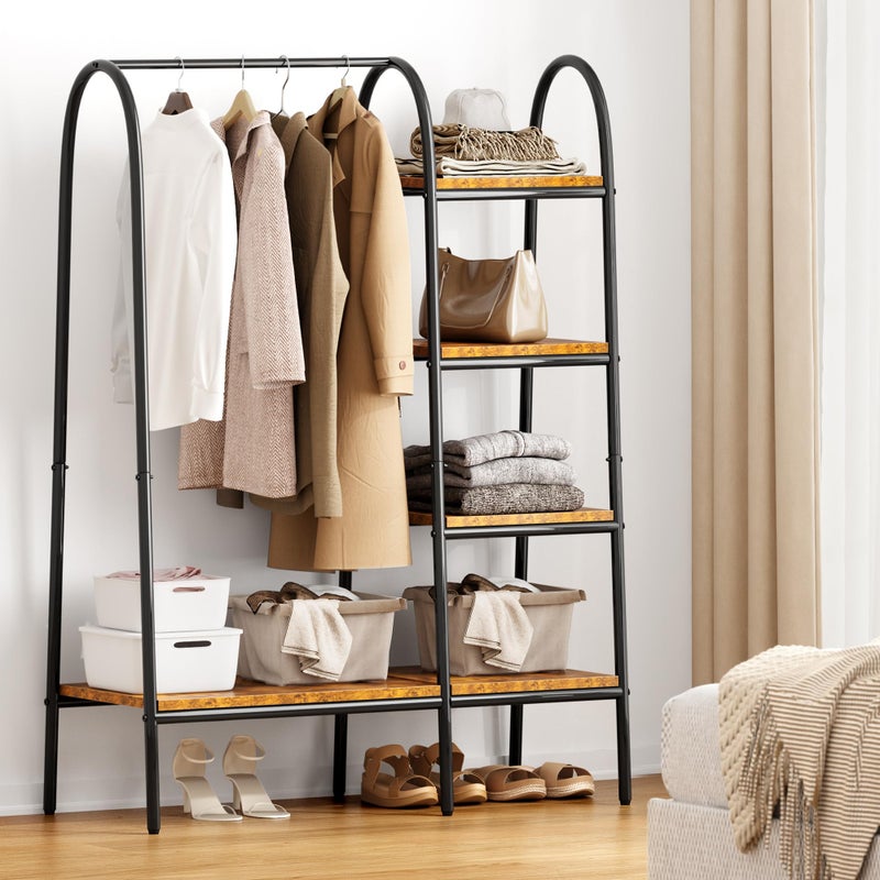 DlandHome DlandHome FreeStanding Garment Clothing Racks Home Metal Clothing Rack with 4Tier Storage Shelves and Hanging Rod Closet Storage Organizer Clothing Rack for Bedroom Living Room EntrywayRetro 