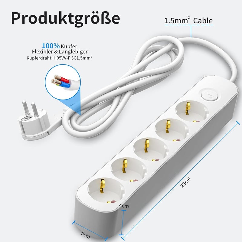 realmade Power Strip 5-Way Multiple Socket with Switch 3 m, Flat Plug Socket with Child Lock, 5-Way Power Strip for Household Appliances, Computer, Mobile Phone Charge, Office, Bedroom, Family - Image 5