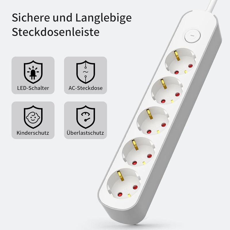 realmade Power Strip 5-Way Multiple Socket with Switch 3 m, Flat Plug Socket with Child Lock, 5-Way Power Strip for Household Appliances, Computer, Mobile Phone Charge, Office, Bedroom, Family - Image 3