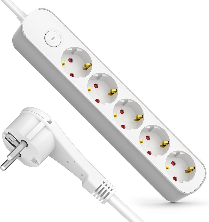 realmade Power Strip 5-Way Multiple Socket with Switch 3 m, Flat Plug Socket with Child Lock, 5-Way Power Strip for Household Appliances, Computer, Mobile Phone Charge, Office, Bedroom, Family - Image 1