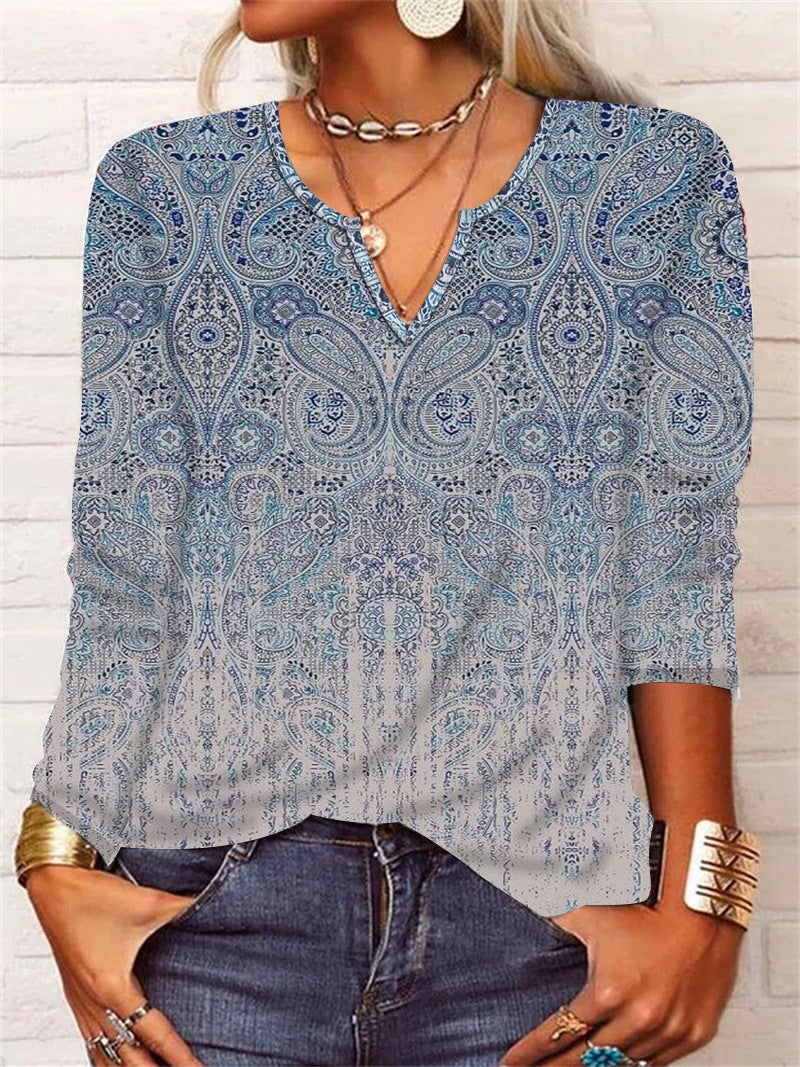 2025 Spring Loose Long Sleeve Flower Mang V-neck T-shirt Base Shirt Women's Wear - Image 1