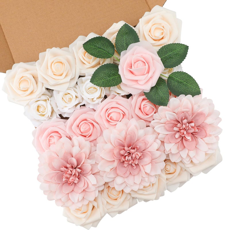 Floweroyal Artificial Pink Flowers Fake Rose Flowers Dahlia With Stems For Diy Wedding Bridal Bouquets  Baby Shower  Floral Arrangement  Table Centerpieces  Home Decorations. - Image 1