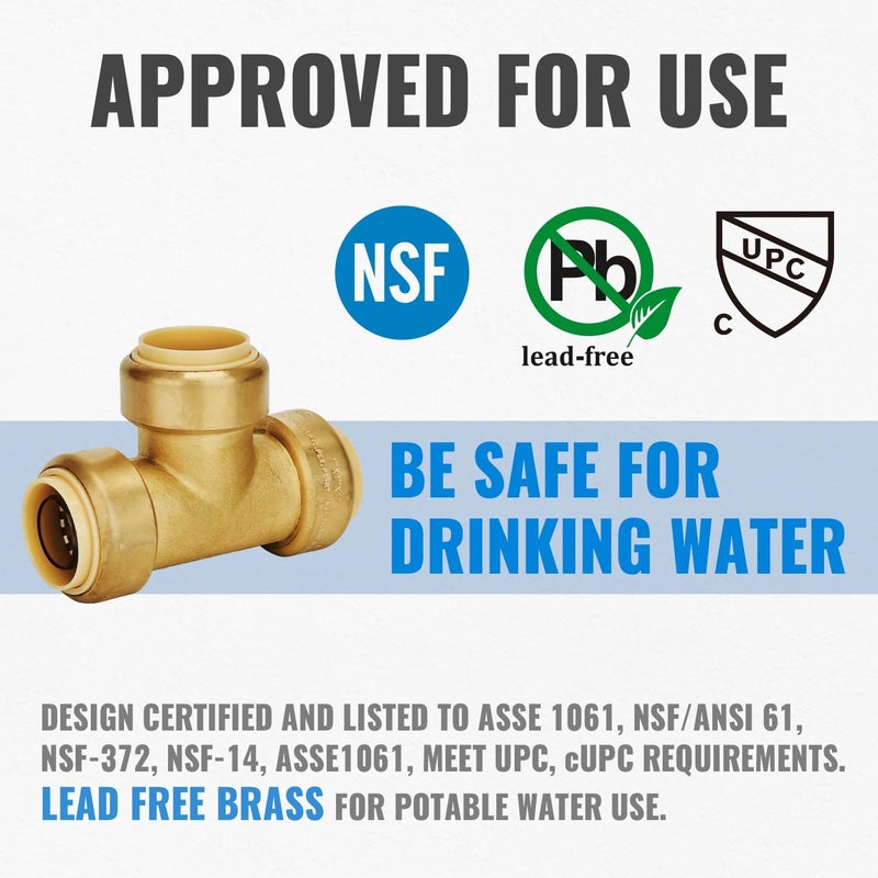 SUNGATOR 1-Inch Push Fit PEX Tee, No Lead Brass Plumbing Pipe Connector T Fittings with Disconnect Clip, Push-to-Connect, Copper, CPVC (2-Pack) - Image 3
