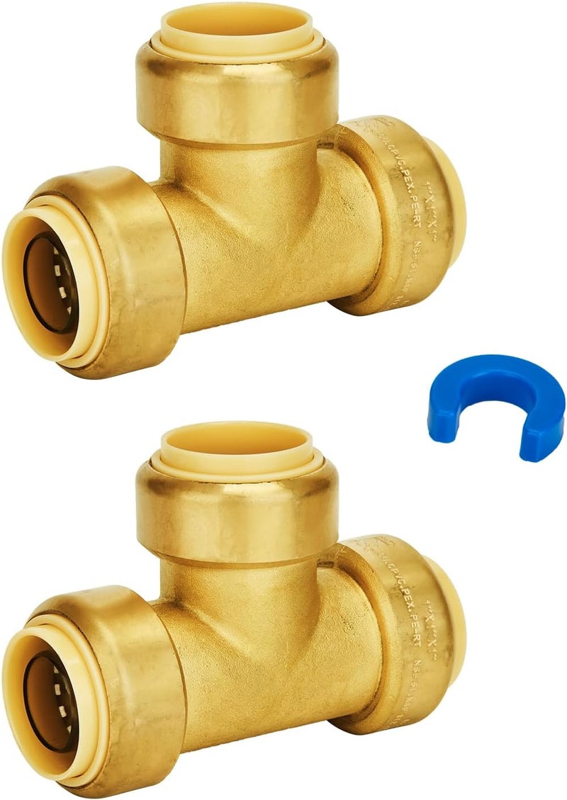 SUNGATOR 1-Inch Push Fit PEX Tee, No Lead Brass Plumbing Pipe Connector T Fittings with Disconnect Clip, Push-to-Connect, Copper, CPVC (2-Pack) - Image 1