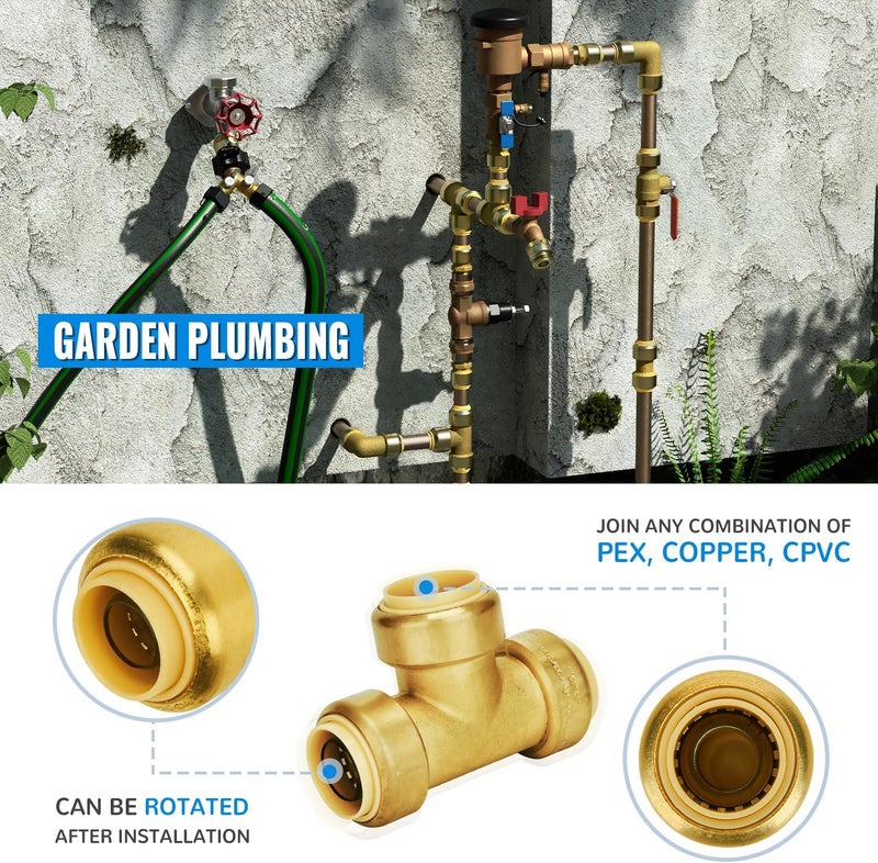 SUNGATOR 1-Inch Push Fit PEX Tee, No Lead Brass Plumbing Pipe Connector T Fittings with Disconnect Clip, Push-to-Connect, Copper, CPVC (2-Pack) - Image 5
