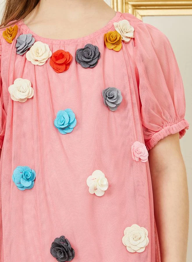 Styli Floral Applique Tiered Mesh Insert Dress with Puff Sleeves