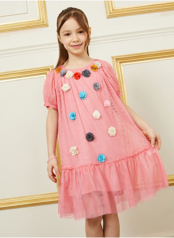 Styli - Floral Applique Tiered Mesh Insert Dress with Puff Sleeves - Image 1