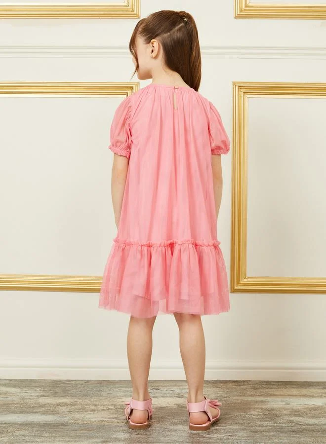 Styli Floral Applique Tiered Mesh Insert Dress with Puff Sleeves