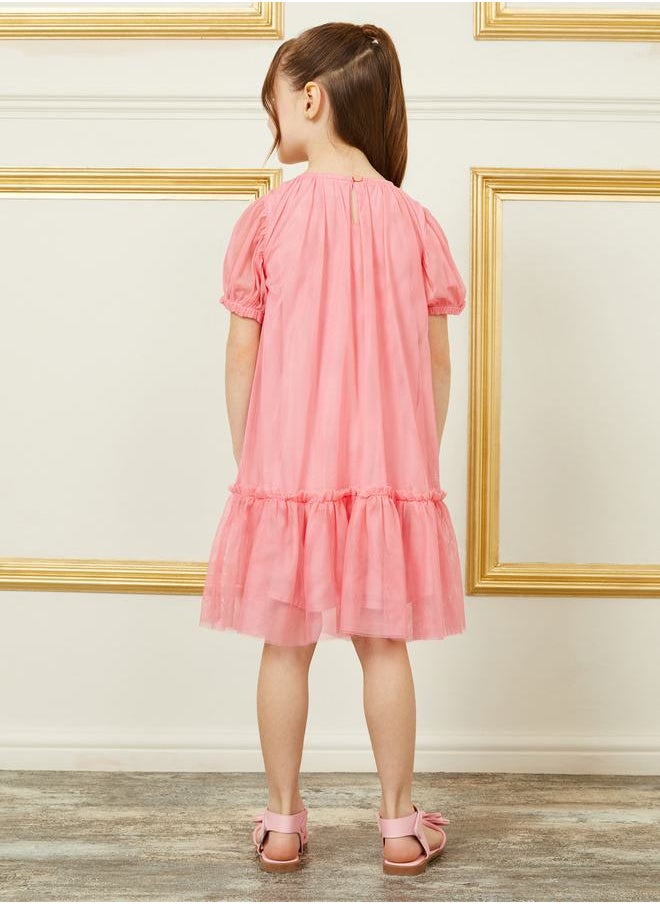 Styli - Floral Applique Tiered Mesh Insert Dress with Puff Sleeves - Image 1