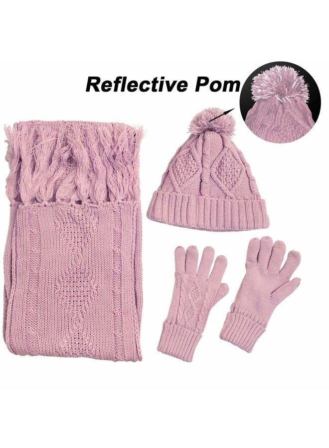 VanRolldex Warm Scarf Glove Hat Beanie Set - Cable Knit Winter Gift Set Pom Cap Touch Screen Glove Long Scarf 3 PCS Set for Women, Pink - Image 2