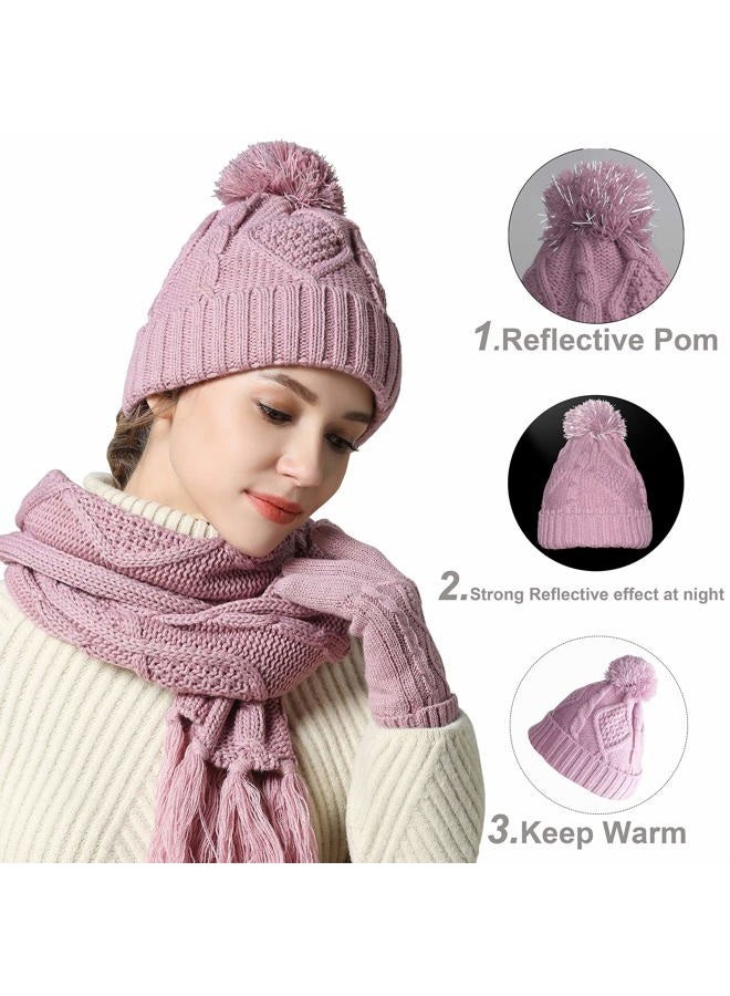 VanRolldex Warm Scarf Glove Hat Beanie Set - Cable Knit Winter Gift Set Pom Cap Touch Screen Glove Long Scarf 3 PCS Set for Women, Pink - Image 4