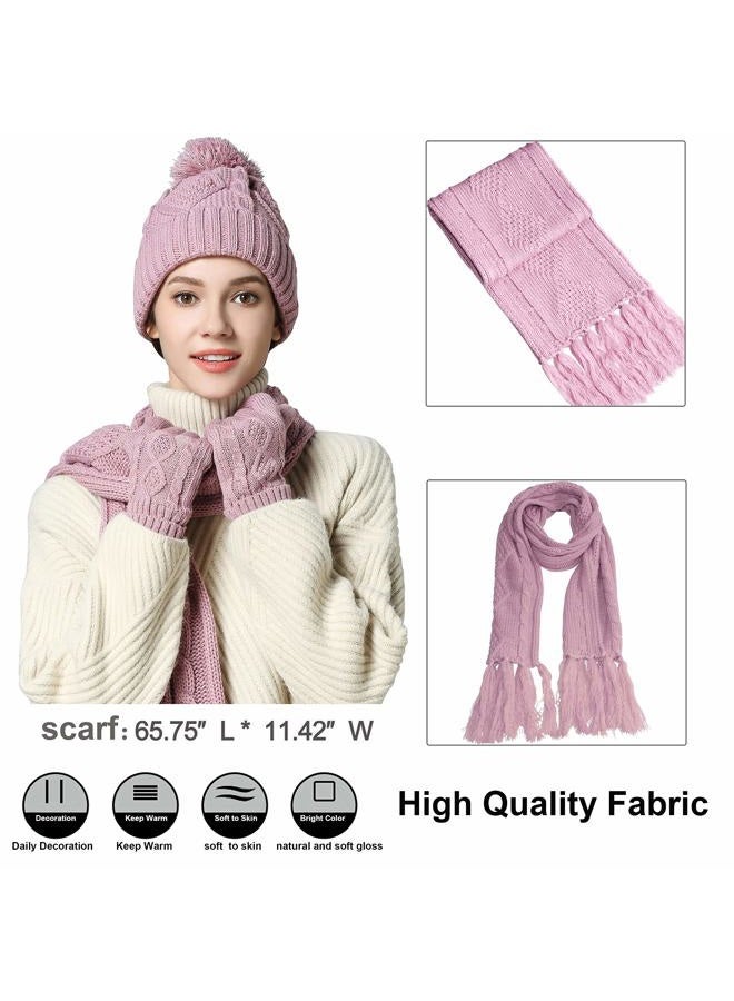 VanRolldex Warm Scarf Glove Hat Beanie Set - Cable Knit Winter Gift Set Pom Cap Touch Screen Glove Long Scarf 3 PCS Set for Women, Pink - Image 3